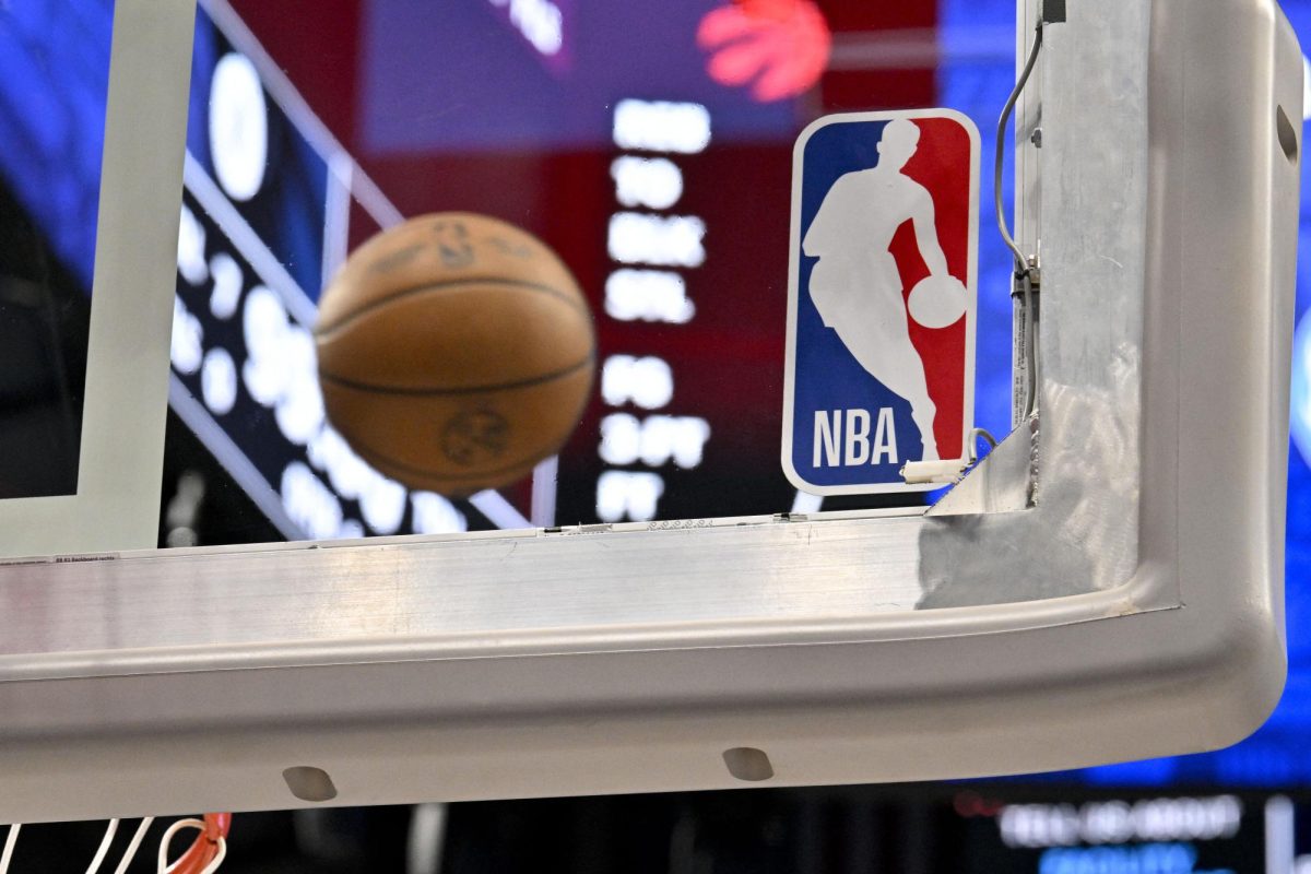 Apr 11, 2025; Dallas, Texas, USA; A view of an NBA basketball and backyard and NBA logo before the game between the Dallas Mavericks and the Toronto Raptors at the American Airlines Center. Mandatory Credit: Jerome Miron-Imagn Images