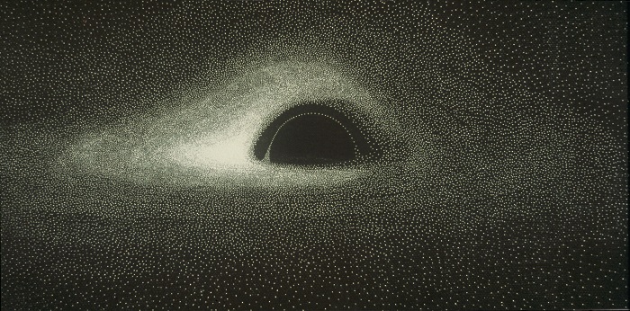 Simulation numérique d'un disque d'accrétion gazeux autour d'un trou noir. La forte courbure de l'espace déforme l'image du disque et permet d'en voir simultanément le dessus et le dessous. Un disque d'accrétion est produit lorsqu'un nuage de matière est transféré d'une étoile à l'autre (système binaire formé d'une étoile et d'un trou noir). Une certaine quantité de gaz, provenant de l'étoile, tombe lentement vers le trou noir, créant un halo très luminescent.   UMR8629 Département d'astrophysique relativiste et de cosmologie (D.A.R.C)  19990001_0046