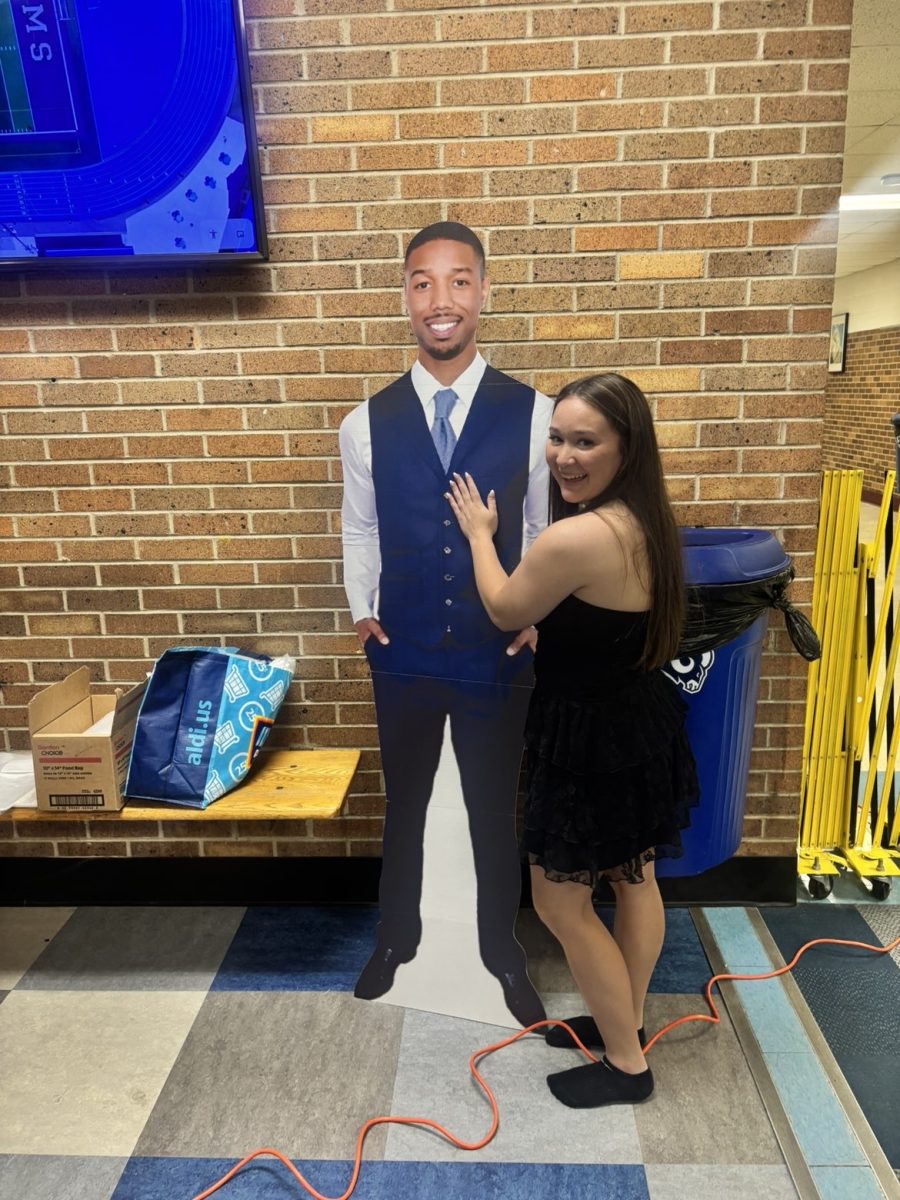 Sophie Najar with our cutout of Michael B. Jordan at this years Homecoming