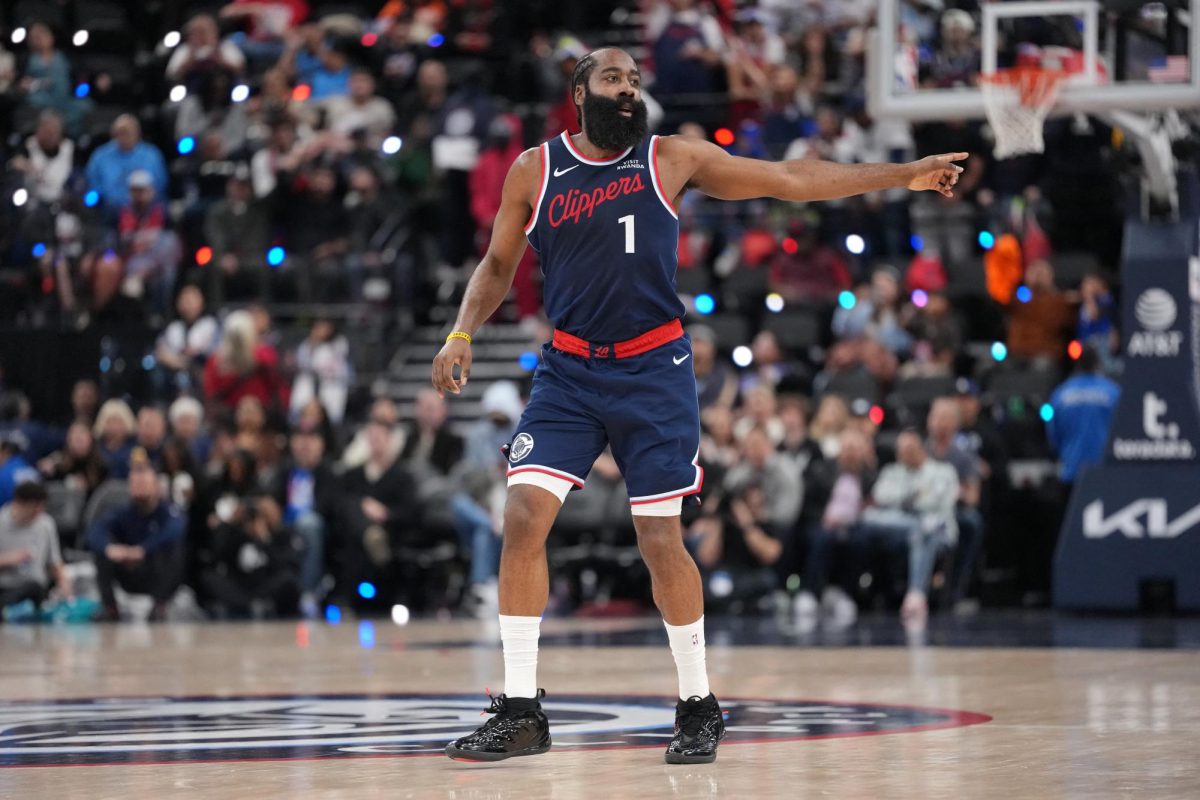 Jan 12, 2026; Inglewood, California, USA; LA Clippers guard James Harden (1) gestures after a three-point shot against the Charlotte Hornets in the second half to move into ninth on the NBA all-time scoring list  in the first half at Intuit Dome. Mandatory Credit: Kirby Lee-Imagn Images