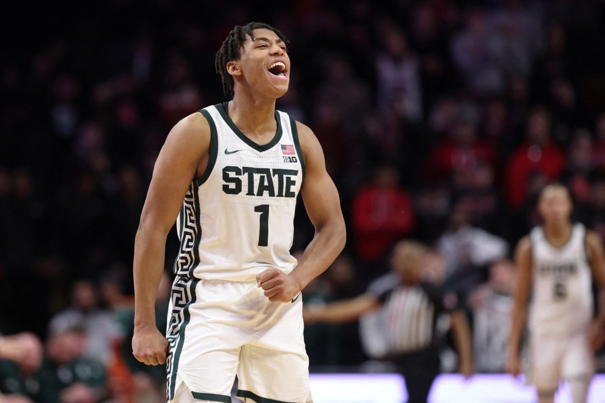 Jan 27, 2026; Piscataway, New Jersey, USA; Michigan State Spartans guard Jeremy Fears Jr. (1) reacts during overtime against the Rutgers Scarlet Knights at Jersey Mike's Arena. Vincent Carchietta-Imagn Images